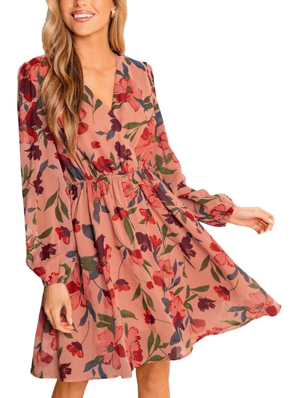 Women's Dusty Rose Fall Floral Long Sleeve V Neck Boho Mini Wedding Guest Dress